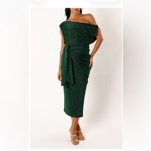 Petal & Pup Santiago Metallic Side Tie one Shoulder Midi Dress
